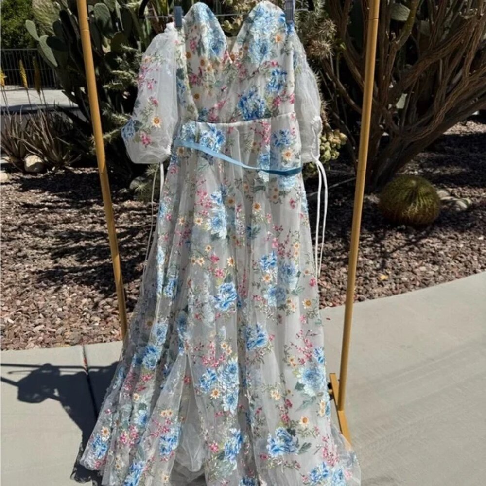 Teuta Matoshi- Cerulean Wildflower Floral Puff Sleeve Dress with Blue Accents